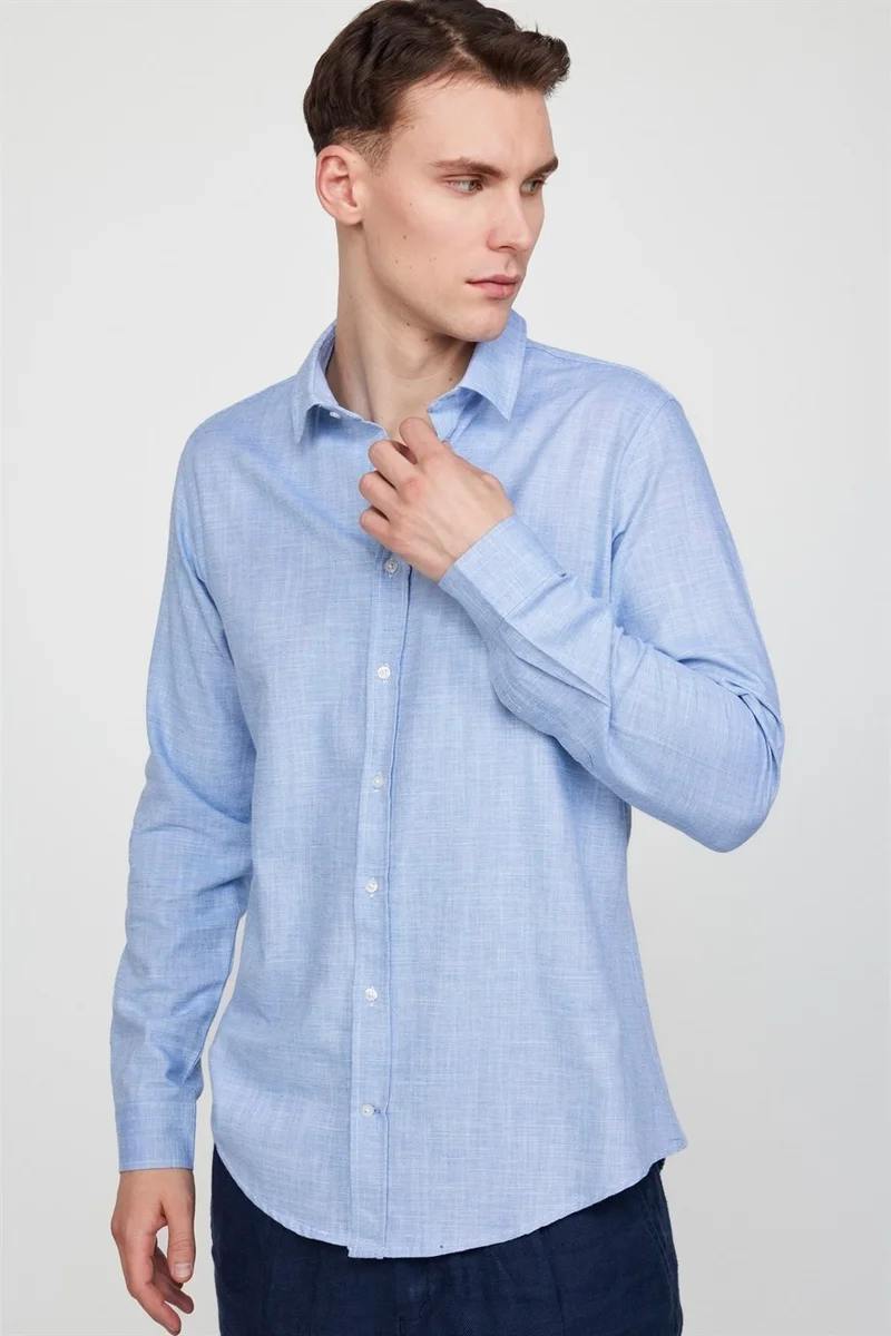 تودورس Slim Fit Long Sleeve Linen Effect Plain Piping Blue Shirt