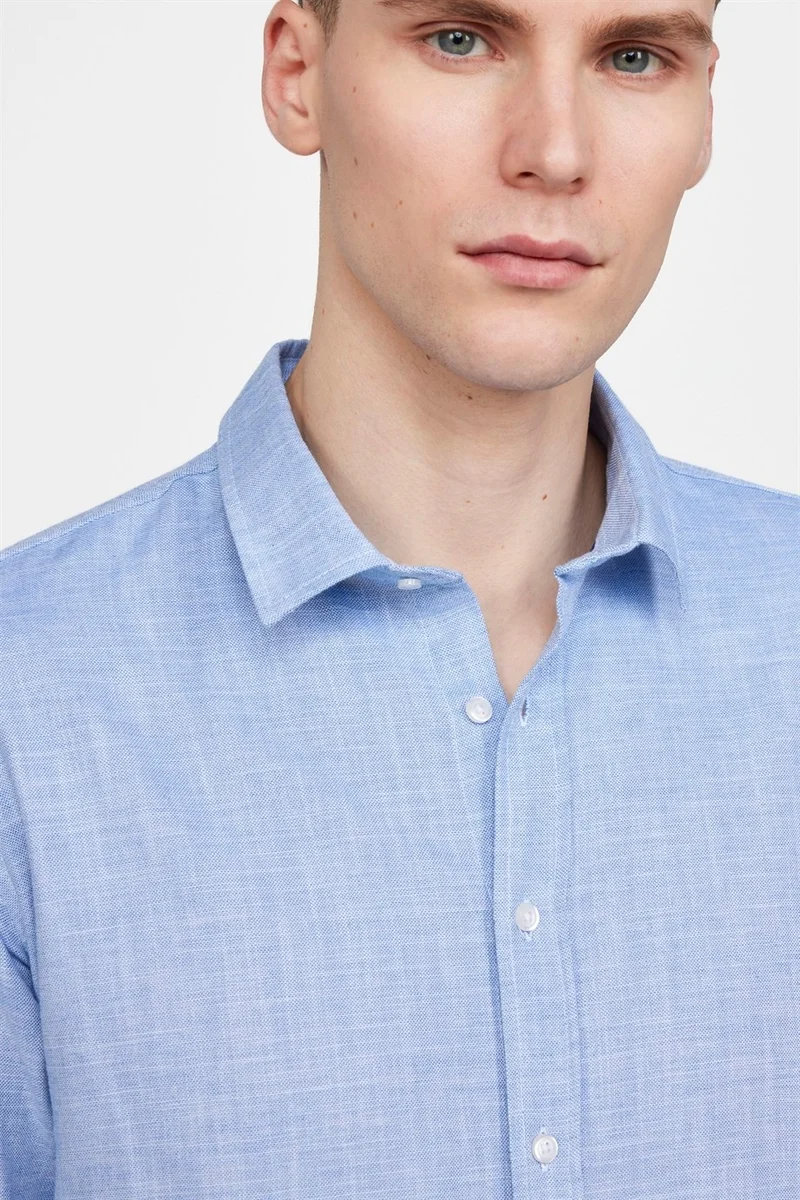تودورس Slim Fit Long Sleeve Linen Effect Plain Piping Blue Shirt