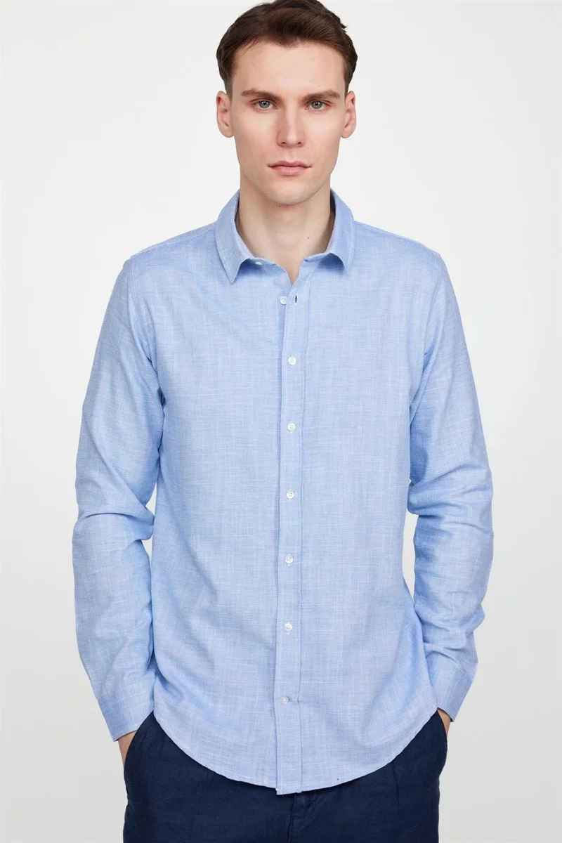 تودورس Slim Fit Long Sleeve Linen Effect Plain Piping Blue Shirt