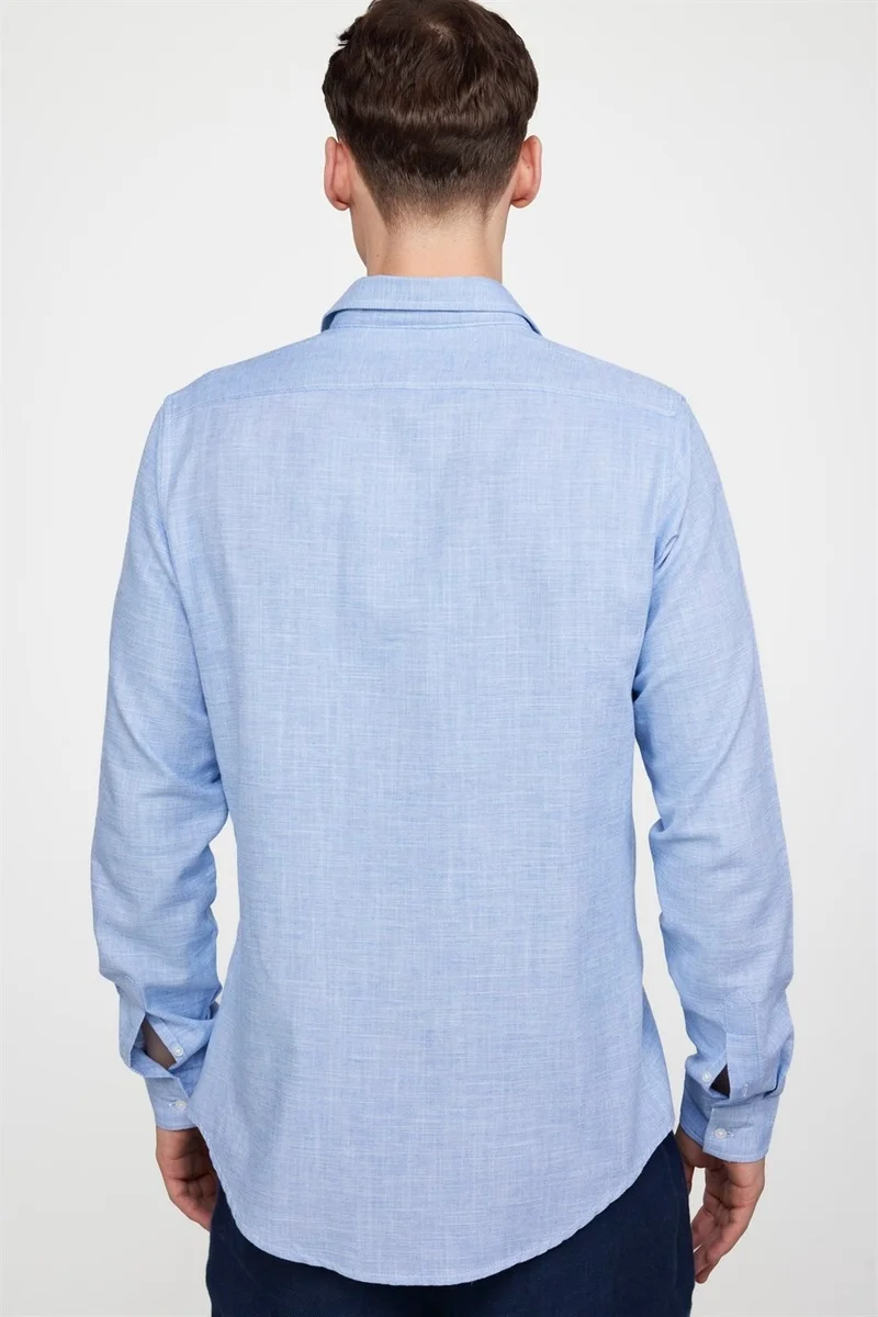 تودورس Slim Fit Long Sleeve Linen Effect Plain Piping Blue Shirt