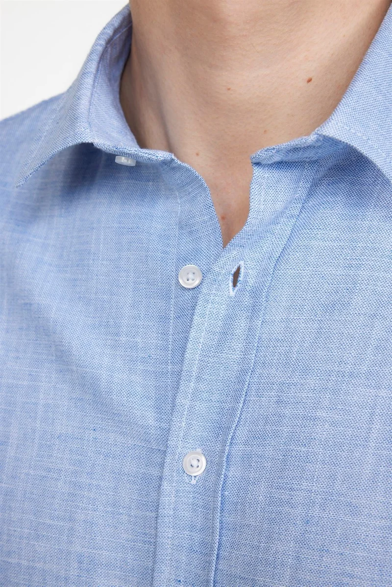 تودورس Slim Fit Long Sleeve Linen Effect Plain Piping Blue Shirt