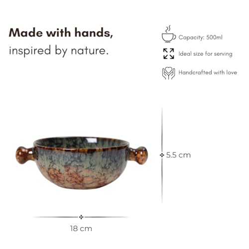 Beyond Homes Ceramic Snack Bowl with Handle, 18 cm | Microwave & Dishwasher Safe Ceramic Serving Bowl for Pasta, Soup, Snacks | Matte Finish, Set of 1 (Abstract Brown, 500 ml) - Image 2