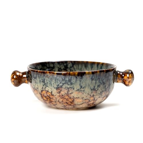 Beyond Homes Ceramic Snack Bowl with Handle, 18 cm | Microwave & Dishwasher Safe Ceramic Serving Bowl for Pasta, Soup, Snacks | Matte Finish, Set of 1 (Abstract Brown, 500 ml) - Image 1