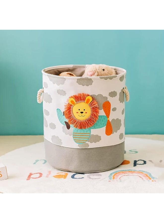 ميني مي سلة تخزين دائرية من القماش ميني مي | لجميع الأعمار | رمادي وأبيض | خامة من الكتان واللباد | طبعة أسد لطيف وسحابة | خفيفة الوزن وقابلة للطي | محمولة وسهلة التنظيف | مثالية للألعاب - Image 2