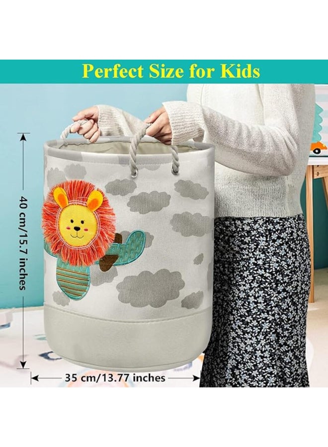 ميني مي سلة تخزين دائرية من القماش ميني مي | لجميع الأعمار | رمادي وأبيض | خامة من الكتان واللباد | طبعة أسد لطيف وسحابة | خفيفة الوزن وقابلة للطي | محمولة وسهلة التنظيف | مثالية للألعاب - Image 4
