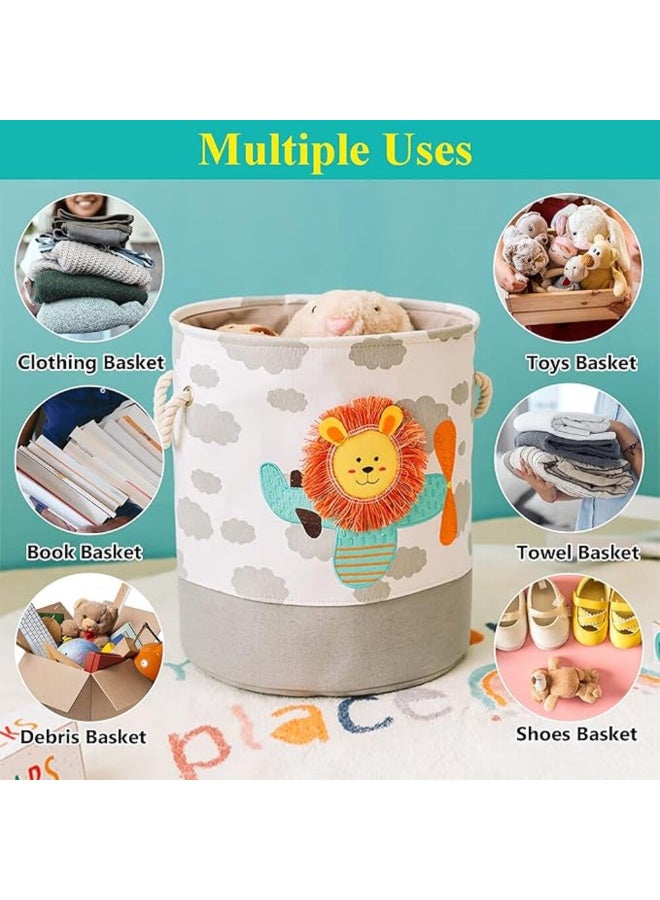 ميني مي سلة تخزين دائرية من القماش ميني مي | لجميع الأعمار | رمادي وأبيض | خامة من الكتان واللباد | طبعة أسد لطيف وسحابة | خفيفة الوزن وقابلة للطي | محمولة وسهلة التنظيف | مثالية للألعاب - Image 5