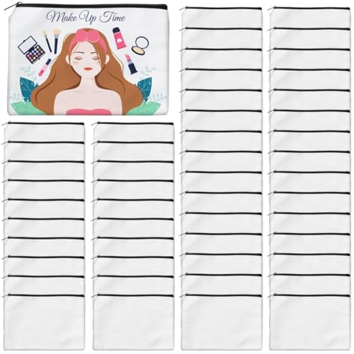 AMDAILY 50Pcs Sublimation Blank Canvas Makeup Bags, Bulk Blank DIY Heat Transfer Cosmetic Makeup Bags w/Black Zipper Gift Box for Bridesmaid Makeup Bag Travel Toiletry Pouch Storage, Christmas Craft - Image 1