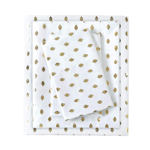 Intelligent Design Microfiber Cozy Bed Sheet Set, Modern All Season Bedding & Pillowcases, Premium 14" Elastic Pocket Fits up to 16" Mattress, Full White/Gold Metallic Dot 4 Piece - Image 1