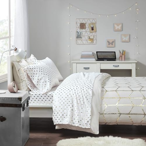 Intelligent Design Microfiber Cozy Bed Sheet Set, Modern All Season Bedding & Pillowcases, Premium 14" Elastic Pocket Fits up to 16" Mattress, Full White/Gold Metallic Dot 4 Piece - Image 2