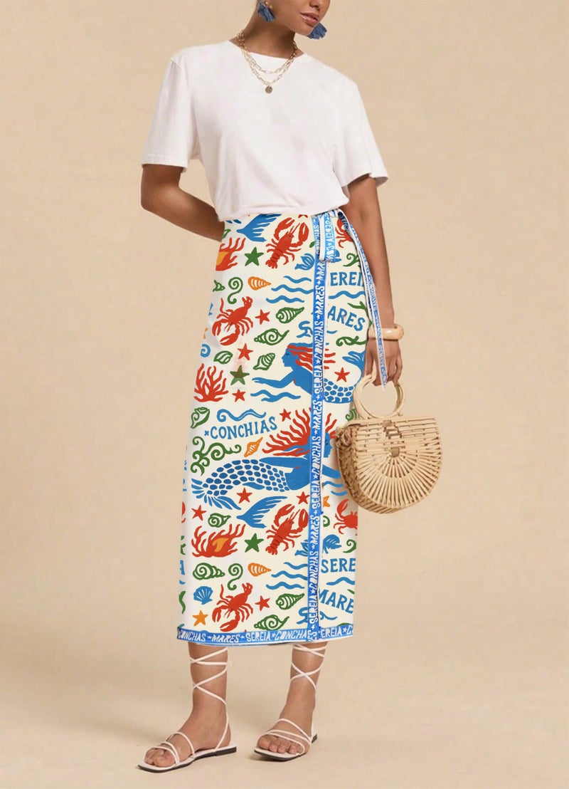 Sujama Womenâ€™s Floral Print Wrap Skirts Boho Tie Knot Skirt High Waist Causal Cute Flower Graphic Long Skirts Beachwear 2025 Light Blue - Image 4