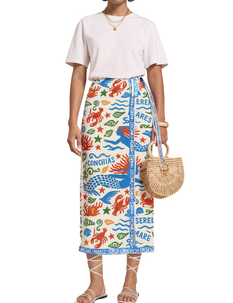Sujama Womenâ€™s Floral Print Wrap Skirts Boho Tie Knot Skirt High Waist Causal Cute Flower Graphic Long Skirts Beachwear 2025 Light Blue - Image 5