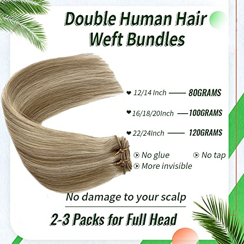 Valiilo Sew in Hair Extension Real Human Hair, 18 inch 100g Hand Tied Weft Hair Extension Human Hair, Beige Blonde with Platinum Blonde Highlights Human Hair Extensions Sew in, Double Weft Bundles Human Hair - Image 3