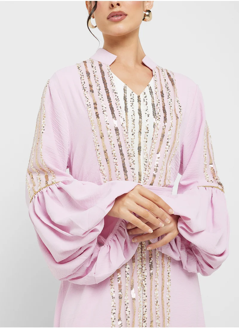 Khizana Embelished Trim Open Abaya With Inner