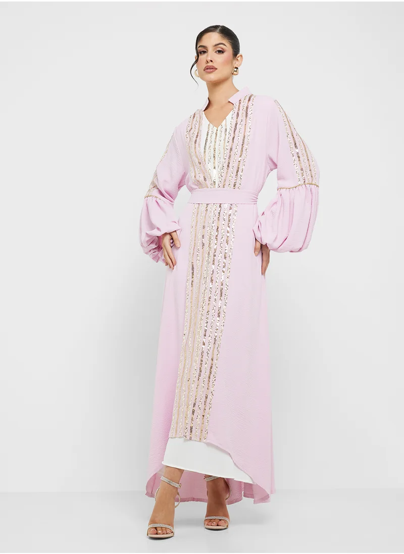 Khizana Embelished Trim Open Abaya With Inner