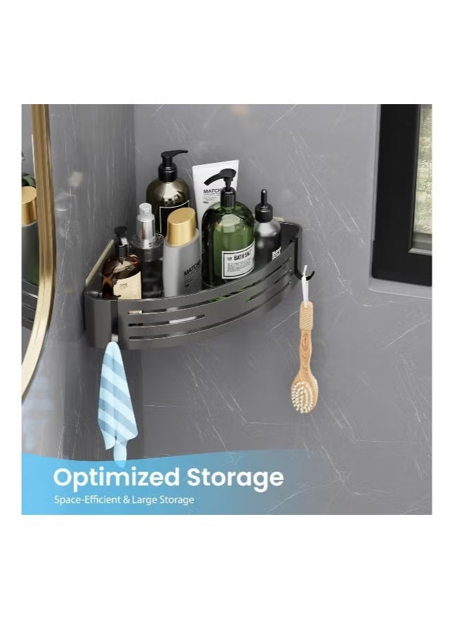 1 Pack Corner Shower Caddy, Shower Organizer Shelves with 2 Hooks, Drill-Free Removable, Upgraded Rustproof Alumminum, Bathroom Shower Shelf Kitchen Storage Basket Wall Mounted Storage Rack, Grey - Image 1