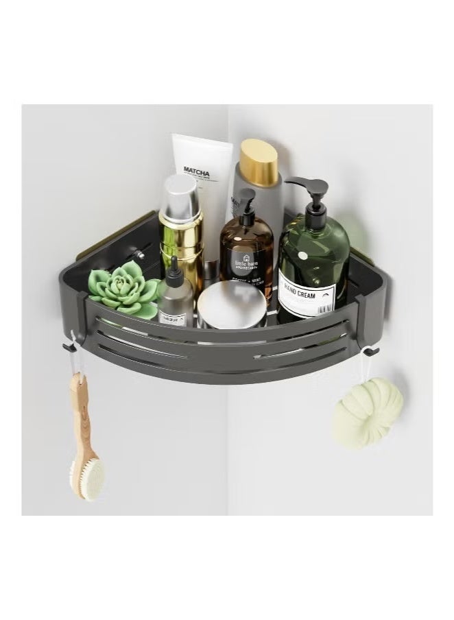 1 Pack Corner Shower Caddy, Shower Organizer Shelves with 2 Hooks, Drill-Free Removable, Upgraded Rustproof Alumminum, Bathroom Shower Shelf Kitchen Storage Basket Wall Mounted Storage Rack, Grey - Image 2