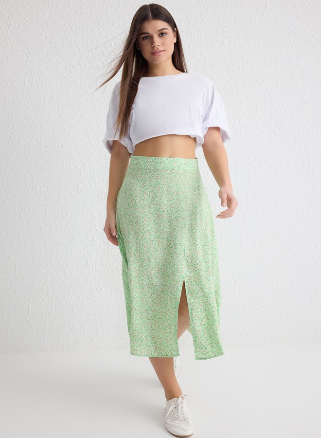 trendyol Light Green Slit Detail Viscose Fabric Floral Patterned Midi Woven Skirt  - Image 1