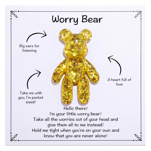 Aesnefe Worry Bear, Pocket Bear Hug, Anxiety Gifts for Men Women, Anxiety Relief Gifts, Mental Health Positivity Gift for Anxious Friend, Back to School Reminder of Comfort, Gold - Image 1