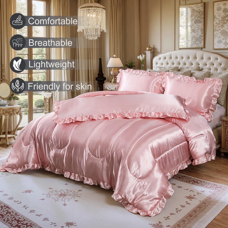 Bedding_Dreamer Satin Queen Comforter Set Silk Like Satin Bedding Set Hotel Soft Polyester Pink Bed Set Luxury Silky Pillow Cover with Quilt Set Ruffle Down Comforter Home Decor - Image 2