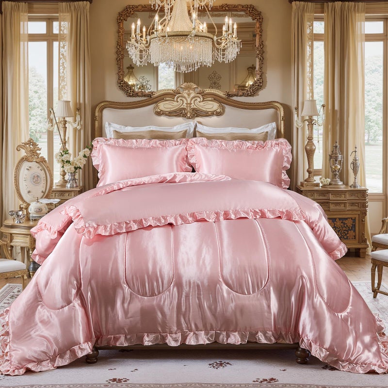 Bedding_Dreamer Satin Queen Comforter Set Silk Like Satin Bedding Set Hotel Soft Polyester Pink Bed Set Luxury Silky Pillow Cover with Quilt Set Ruffle Down Comforter Home Decor - Image 3
