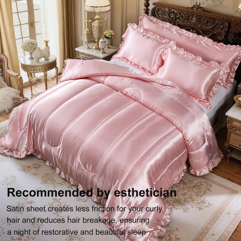 Bedding_Dreamer Satin Queen Comforter Set Silk Like Satin Bedding Set Hotel Soft Polyester Pink Bed Set Luxury Silky Pillow Cover with Quilt Set Ruffle Down Comforter Home Decor - Image 4