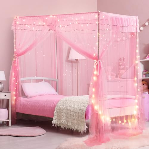YEERSWAG Twin Size Bed Canopy with Lights Bed Canopy for Girls Princess with Luminous Stars Canopy Bed Curtains for Twin Bed Kids Indoor Decor Bedroom 4 Corner Post Bunk Bed for Student Dormitory Pink - Image 1