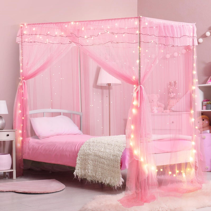 YEERSWAG Twin Size Bed Canopy with Lights Bed Canopy for Girls Princess with Luminous Stars Canopy Bed Curtains for Twin Bed Kids Indoor Decor Bedroom 4 Corner Post Bunk Bed for Student Dormitory Pink - Image 2