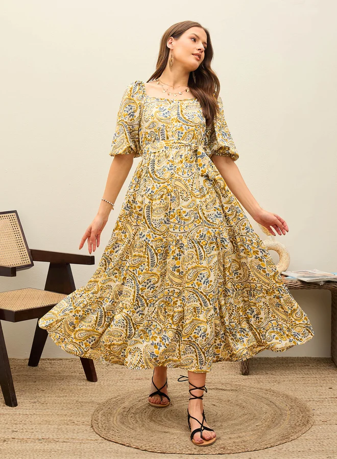 ساسافراس Sassafras Beige Paisley Print Belted Maxi Dress