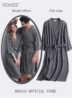 roaiss Women and Men Waffle Kimono Bathrobe Cotton Sleepwear Spa Robe Nightwear Nightgown Women Water Bathrobe Bridesmaid Robes Unisex Dressing Gown Autumn Robe  - Image 3