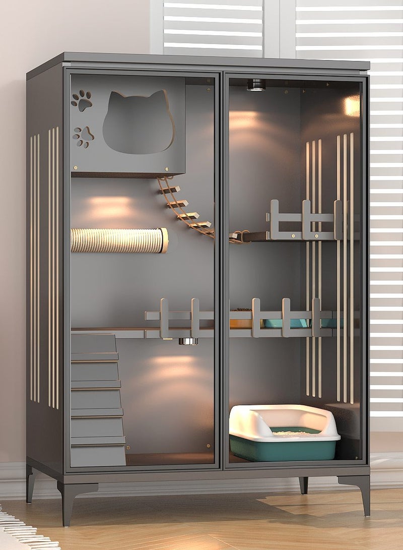 Sunshinee Sunshine Modern Grey Luxury Wood Cat Villa - C - with Glass Front Door, Bottom Wheels for Easy Mobility and Indoor Scratcher 90*60*130 cm - Image 1