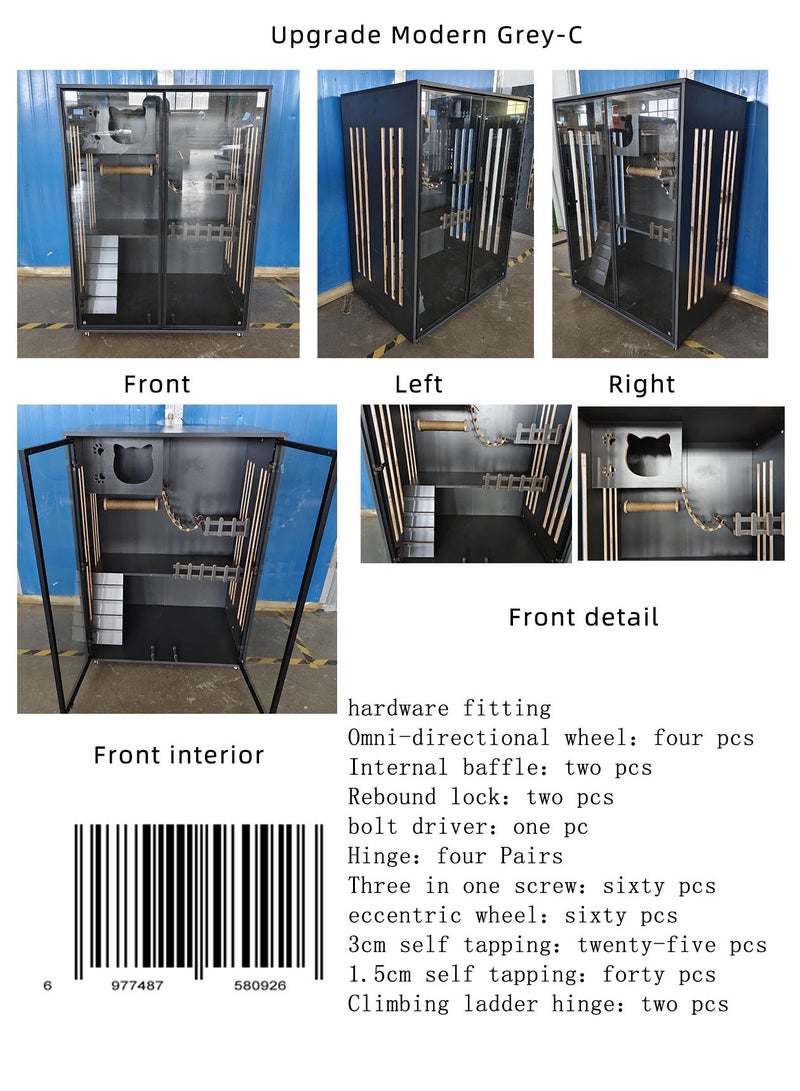Sunshinee Sunshine Modern Grey Luxury Wood Cat Villa - C - with Glass Front Door, Bottom Wheels for Easy Mobility and Indoor Scratcher 90*60*130 cm - Image 2