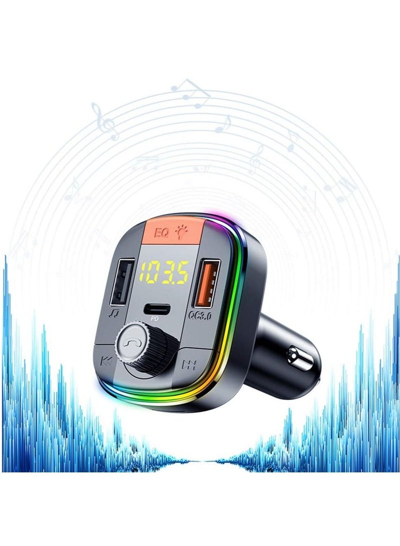 ELTRAZONE Car FM Transmitter,Car Fast Charger Bluetooth 5.0 FM Transmitter QC 3.0 and Type C PD Functional Car Kit 2 USB Ports Support Hands-Free Calls,7Colorful LED Backlit,Support U Disk & TF Card (Black) - Image 5