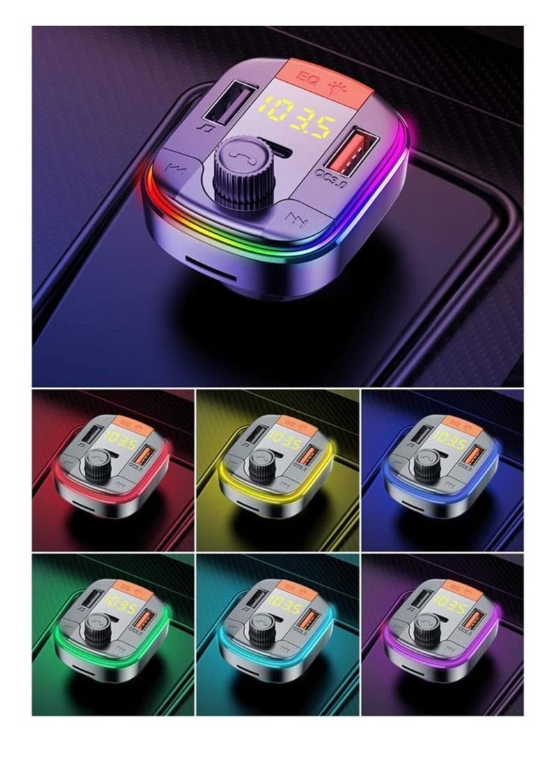 ELTRAZONE Car FM Transmitter,Car Fast Charger Bluetooth 5.0 FM Transmitter QC 3.0 and Type C PD Functional Car Kit 2 USB Ports Support Hands-Free Calls,7Colorful LED Backlit,Support U Disk & TF Card (Black) - Image 4