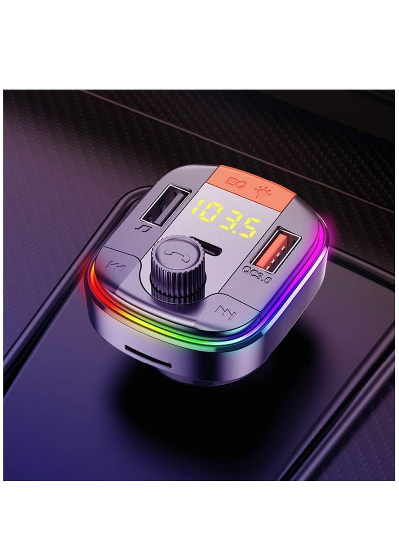 ELTRAZONE Car FM Transmitter,Car Fast Charger Bluetooth 5.0 FM Transmitter QC 3.0 and Type C PD Functional Car Kit 2 USB Ports Support Hands-Free Calls,7Colorful LED Backlit,Support U Disk & TF Card (Black) - Image 2