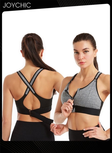 صدرية رياضية قابلة للتعديل بسحاب أمامي مضادة للصدمات بدون حواف تنفسية ومريحة مع تصميم حزام سحري للنساء والفتيات للجري واللياقة البدنية باللون الرمادي