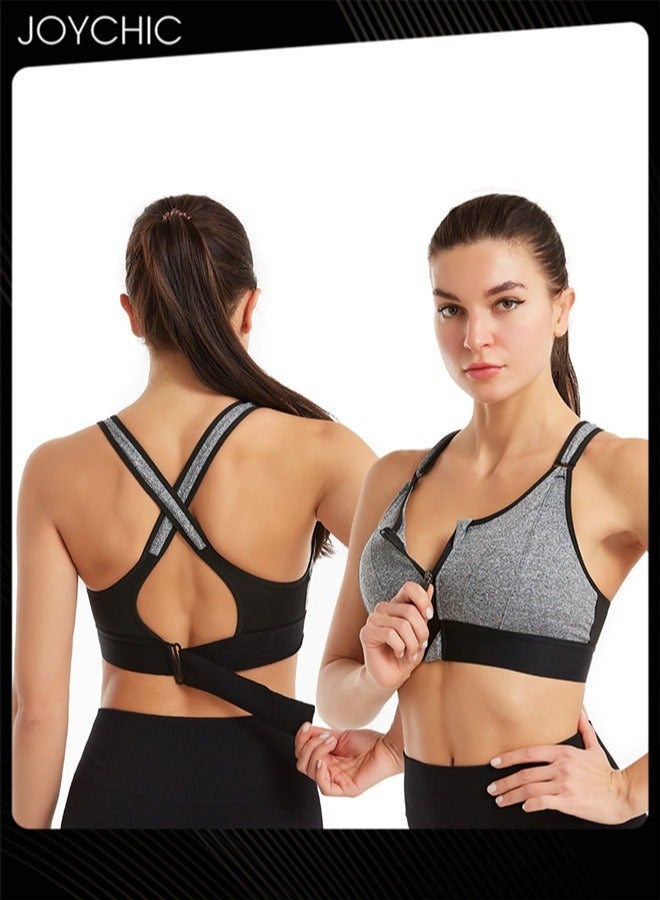 Joychic Adjustable Front Zipper Sports Bra Shockproof No Rims Breathable and Comfort Vest Yoga Cross Back Beauty Bra with Magic Belt Design for Women Girls Running Fitness Grey  - Image 1