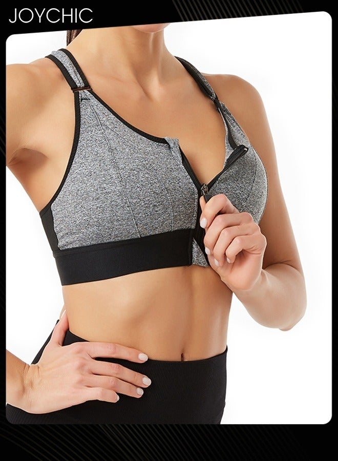 Joychic Adjustable Front Zipper Sports Bra Shockproof No Rims Breathable and Comfort Vest Yoga Cross Back Beauty Bra with Magic Belt Design for Women Girls Running Fitness Grey  - Image 2