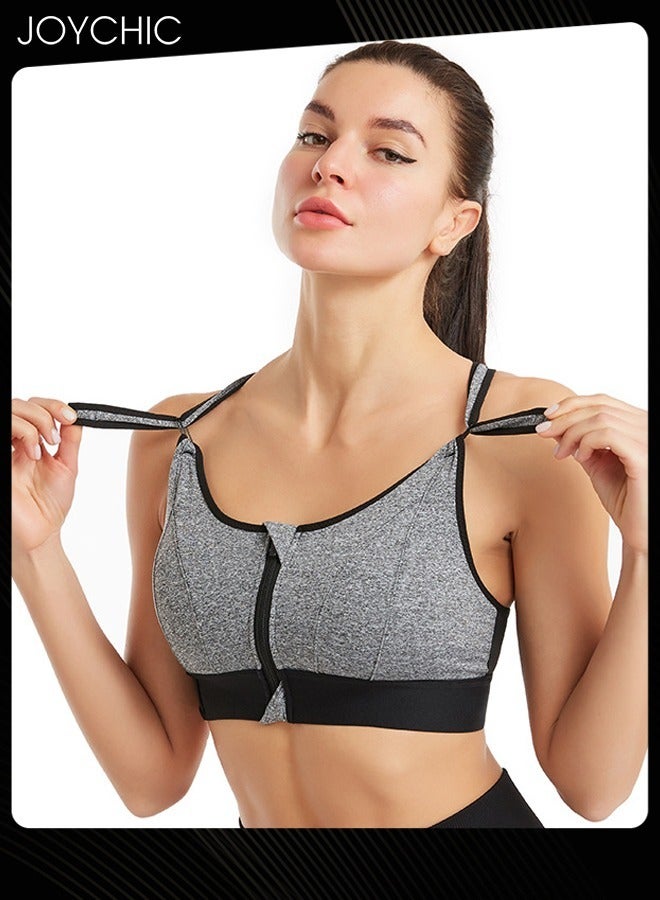 Joychic Adjustable Front Zipper Sports Bra Shockproof No Rims Breathable and Comfort Vest Yoga Cross Back Beauty Bra with Magic Belt Design for Women Girls Running Fitness Grey  - Image 3