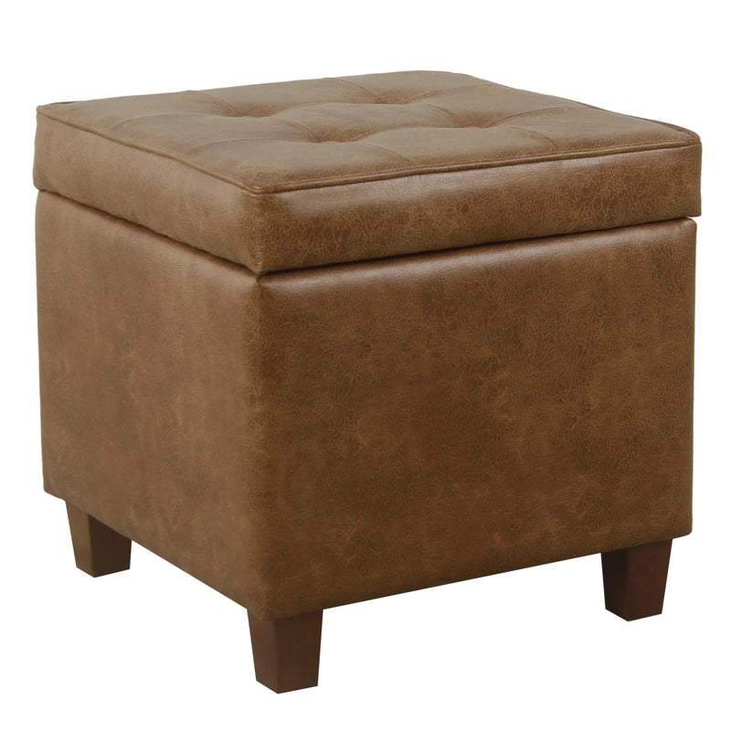 HomePop Square Tufted Storage Ottoman - Distressed Brown Faux Leather Small - Image 1
