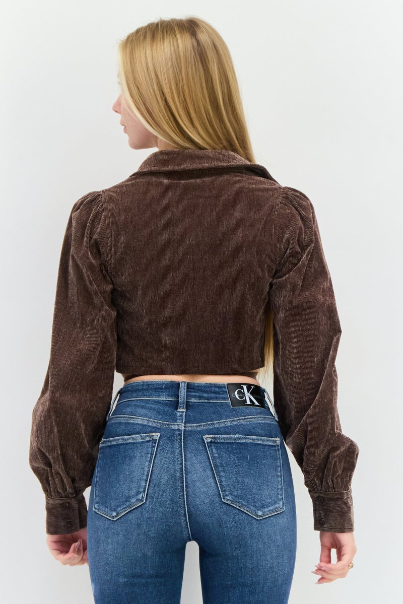En Saison Women Surplice Neckline Long Sleeves Textured Blouse, Dark Brown  - Image 3