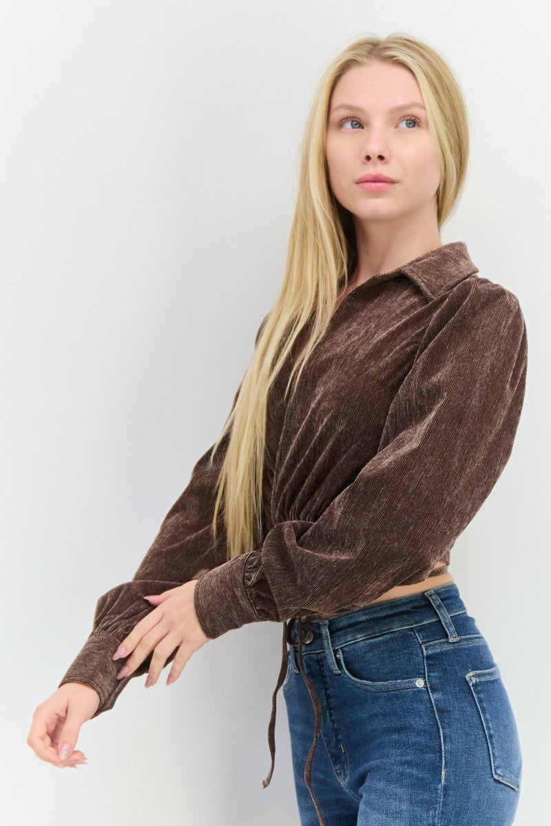 En Saison Women Surplice Neckline Long Sleeves Textured Blouse, Dark Brown  - Image 2