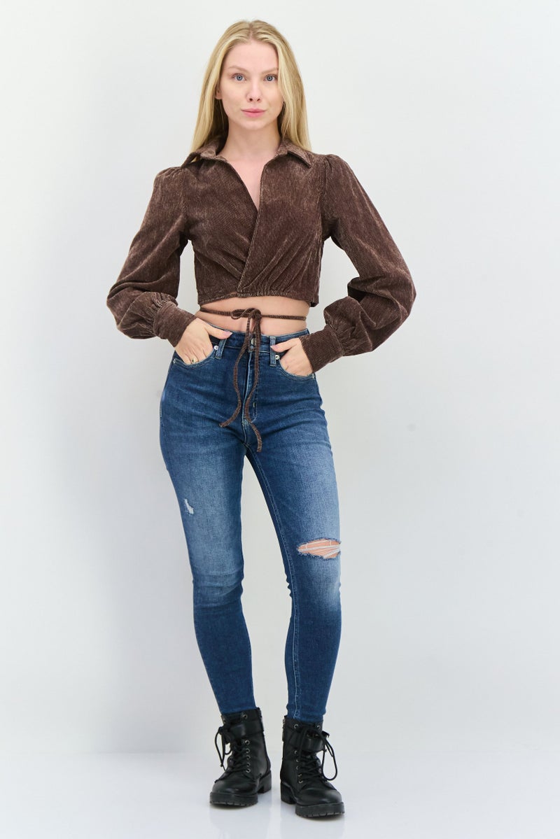 En Saison Women Surplice Neckline Long Sleeves Textured Blouse, Dark Brown  - Image 4