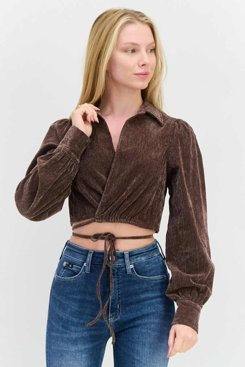 En Saison Women Surplice Neckline Long Sleeves Textured Blouse, Dark Brown  - Image 1