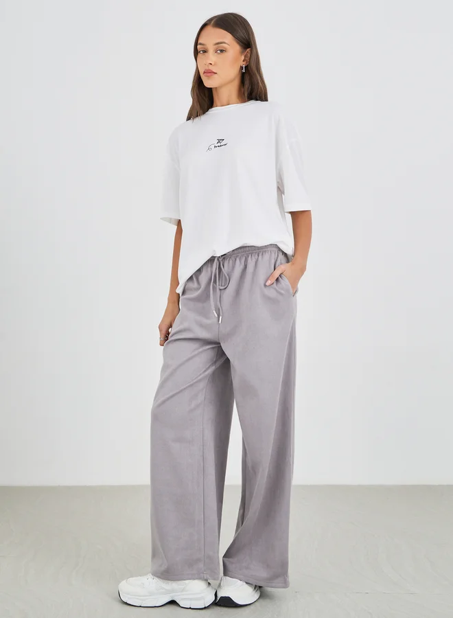 ستايلي Styli Women Grey Suede Look Wide Leg Joggers