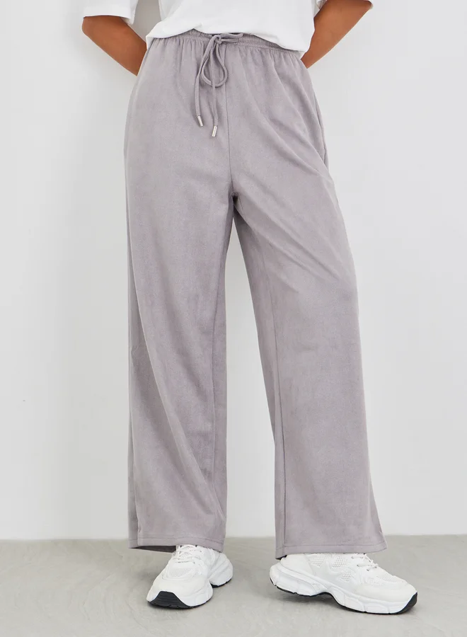 ستايلي Styli Women Grey Suede Look Wide Leg Joggers