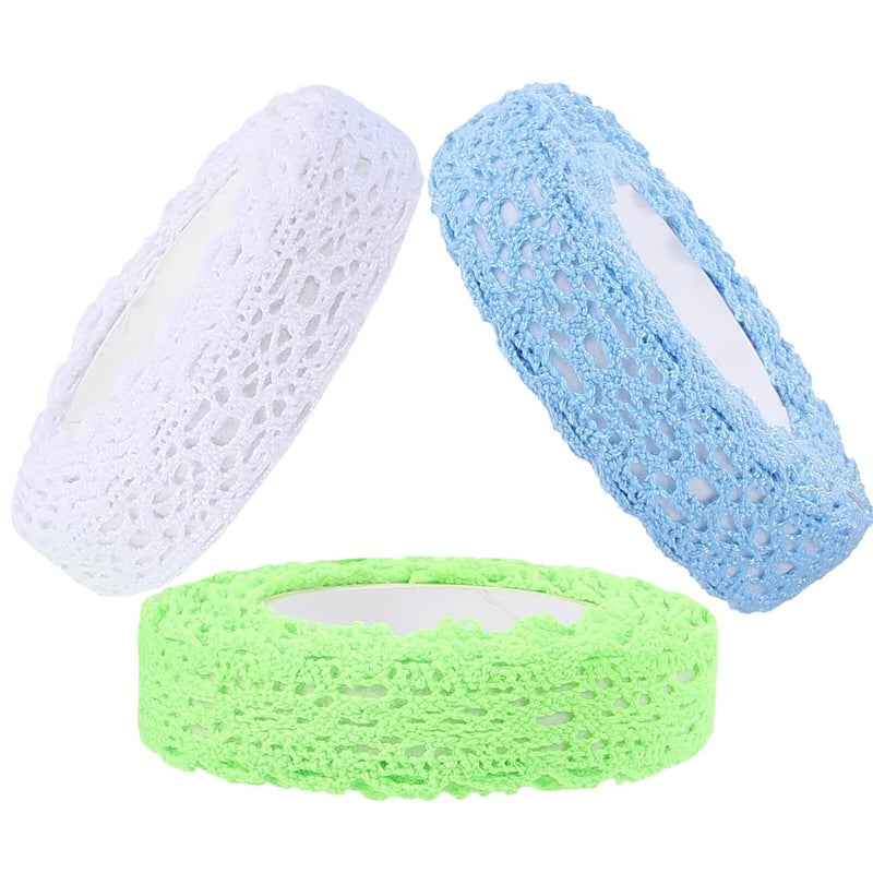 3 Rolls Decorative Lace Tape Set for Scrapbooking, Crafting, and DIY, Includes White, Dark Green, and Blue Lace Pattern Adhesive Tapes for Journaling and Ornament Embellishment - Image 1