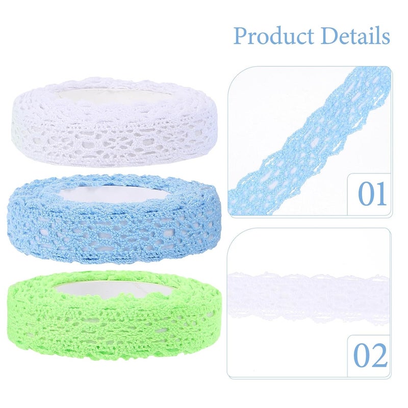 3 Rolls Decorative Lace Tape Set for Scrapbooking, Crafting, and DIY, Includes White, Dark Green, and Blue Lace Pattern Adhesive Tapes for Journaling and Ornament Embellishment - Image 3