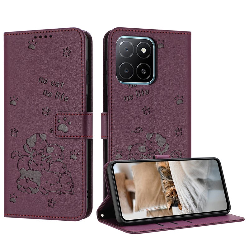 HuHa Case Cover For Honor X5b / X5b Plus Embossed Kitten Phone Leather Case with Lanyard(Wine Red) - Image 1