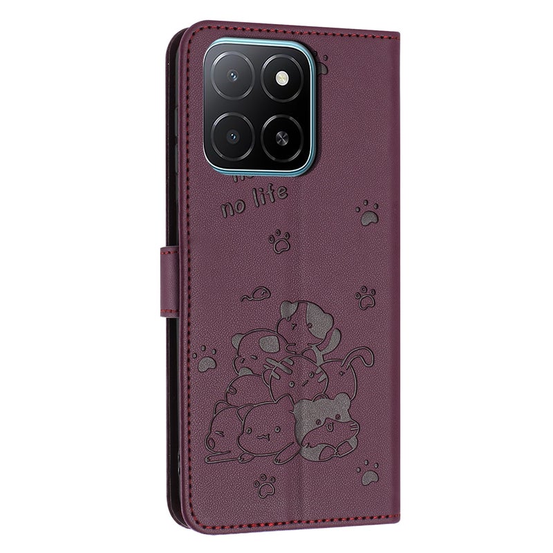 HuHa Case Cover For Honor X5b / X5b Plus Embossed Kitten Phone Leather Case with Lanyard(Wine Red) - Image 3