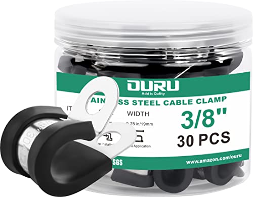 OURU 30pcs 3/8 Inch Stainless Steel Cable Clamps,Rubber Coated Cushioned Insulated Cable Clamp,Automotive Cable Wire Clamps,Pipe Clamps,Metal Clamp for Tube,Lines,Wire Cord Installation(Black,10mm) - Image 1
